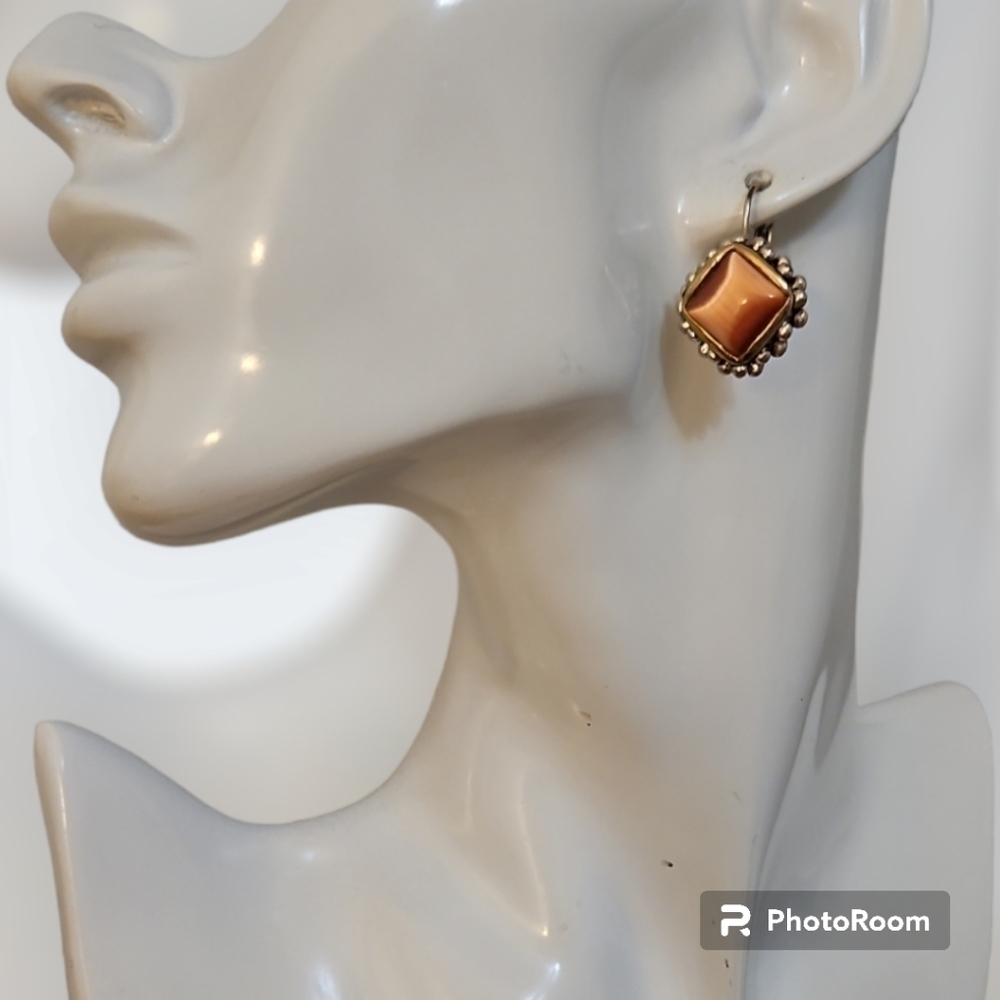 VTG Burnt Orange Square Fiber Optic Silvertone Leverback Earrings